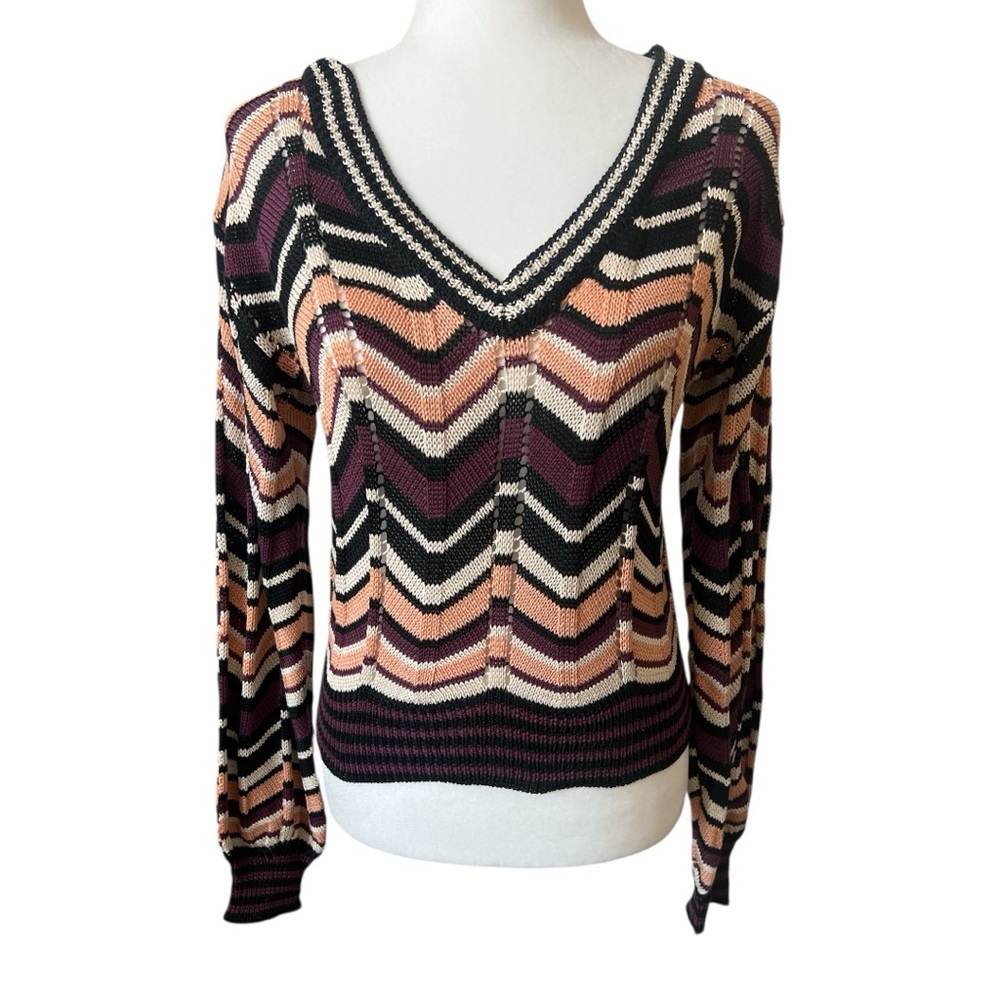 Nekane Chevron Knit V-Neck Sweater Purple Black Peach Cream S M NWT